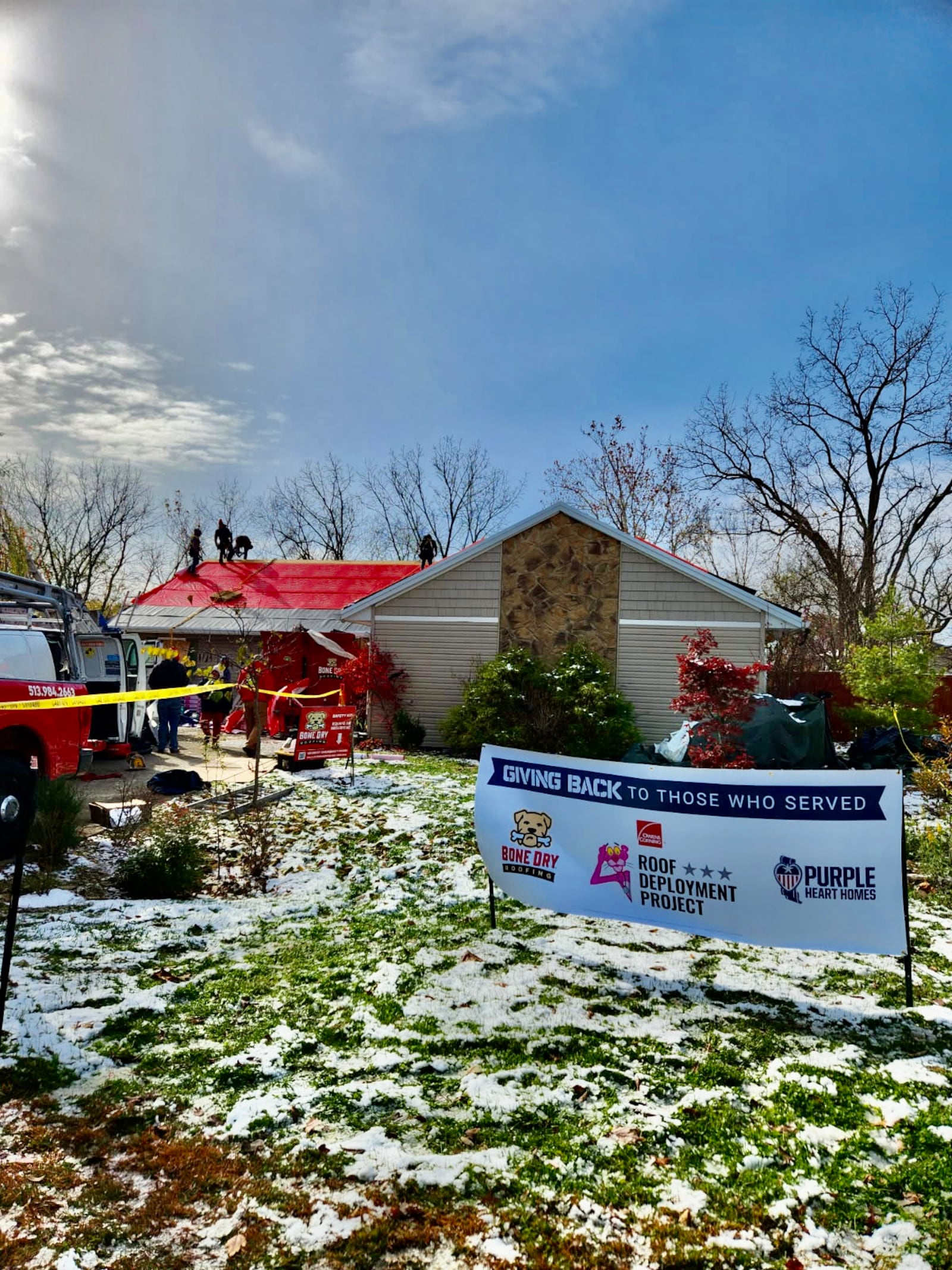 A local former military man got a surprise Veterans Day gift that will provide his family protection overhead for years to come with the installation of a free roof.
Through a partnership with Purple Heart Homes, Liberty Twp. U.S. National Coast Guard veteran Matthew Jones was selected and approved as the recipient for a roof replacement on the national holiday. (Provided)