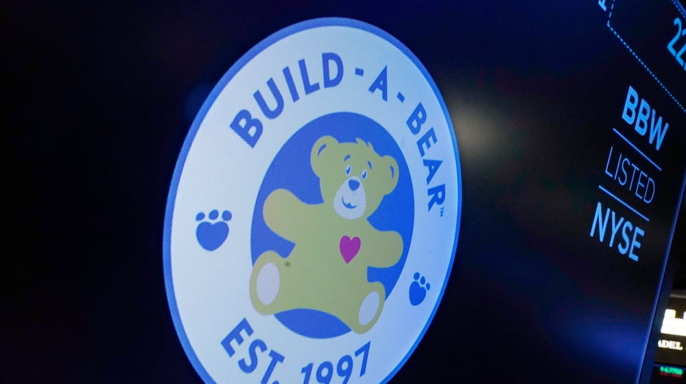 FILE - The logo for Build-A-Bear Workshop appears above a trading post on the floor of the New York Stock Exchange, Dec. 1, 2021. (AP Photo/Richard Drew, File)