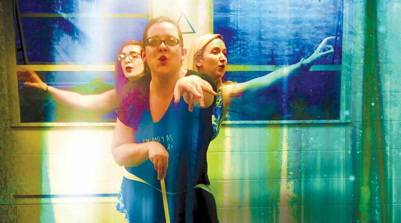 The Three Blind Mice (Kristin Schisler, Aubrey Wilson, Erin Russell) are among scores of fairy-tale characters who destroy Shrek’s peace of mind in this rehearsal for the Cincinnati Music Theatre’s “Shrek the Musical,” opening at the Aronoff Center this weekend. CONTRIBUTED