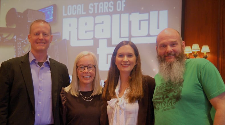 Event host Jeff Archiable, left, is seen with panel members Hamilton City Council member Susan Vaughn, who competed in the seventh season of “The Amazing Race” on CBS; Brad Baker, owner of Hamilton’s Pinball Garage and 2021 Citizen of the Year who successfully pitched his virtual pinball machine business to investors on ABC’s “Shark Tank”; and five-time “Jeopardy!” champion Rani Peffer of Crittenden, Ky. CONTRIBUTED/FITTON CENTER