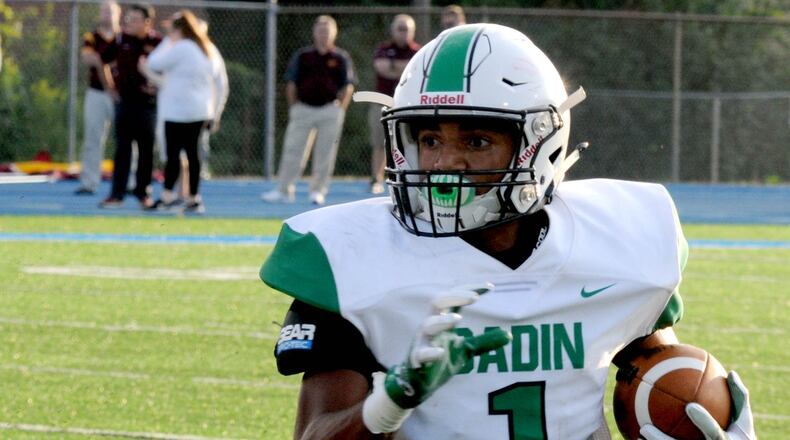 Badin’s Davon Starks finds some running room during the Rams’ 36-6 victory over visiting Ross on Aug. 25, 2017, at Hamilton’s Virgil Schwarm Stadium. CONTRIBUTED PHOTO BY DAVID A. MOODIE