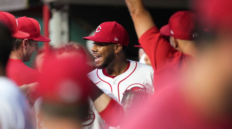 Cincinnati Reds' Hunter Greene is the latest to be included in The Nuxhall Foundation's Character Card series. Pictured in this file photo is Greene as he smiles in the dugout after being taken out of the game during the seventh inning of a baseball game against the St. Louis Cardinals, Tuesday, Aug. 13, 2024, in Cincinnati. (AP Photo/Kareem Elgazzar)