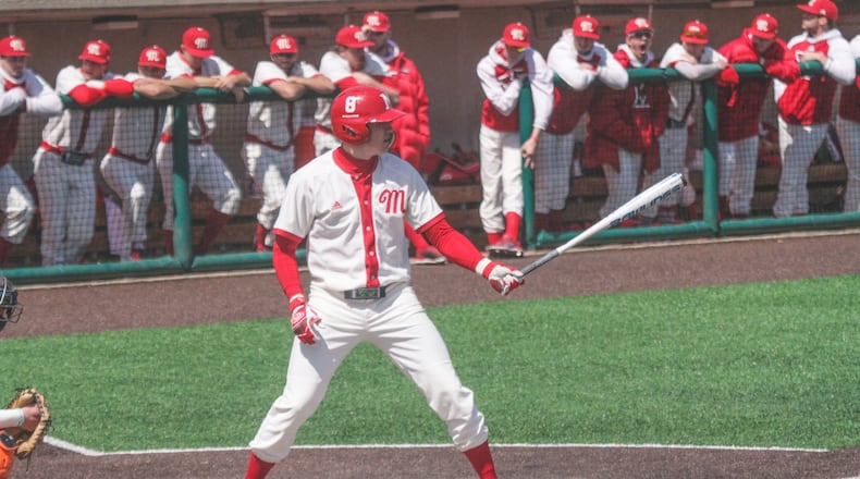 Miami third baseman Landon Stephens, a Hamilton High School product, at the plate. PHOTO COURTESY OF MIAMI ATHLETICS