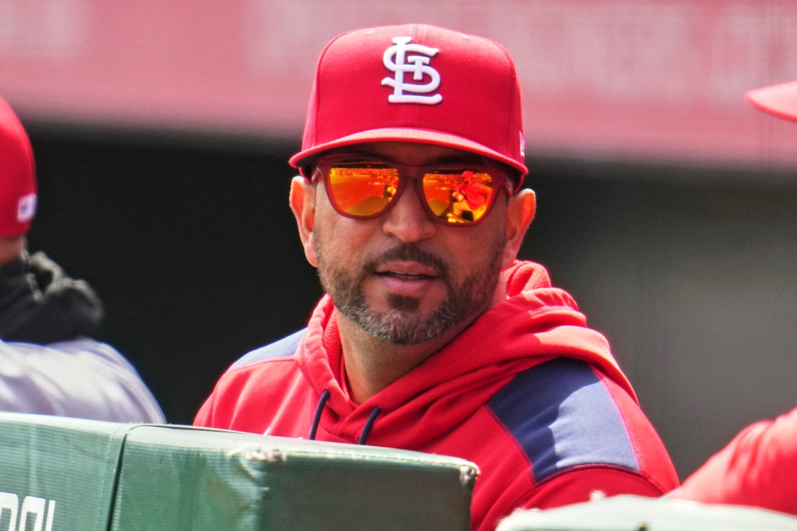 St. Louis Cardinals manager Oliver Marmol stands in the dugout during the first inning of a baseball game Pittsburgh Pirates in Pittsburgh, Wednesday, April 9, 2025. (AP Photo/Gene J. Puskar)