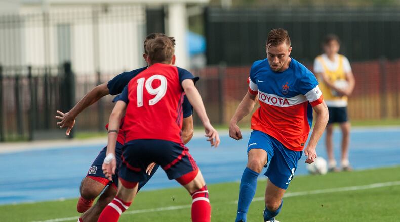 Matt Bahner of FC Cincinnati (right) vs. the Chicago Fire during a preseason match. Contributed photo