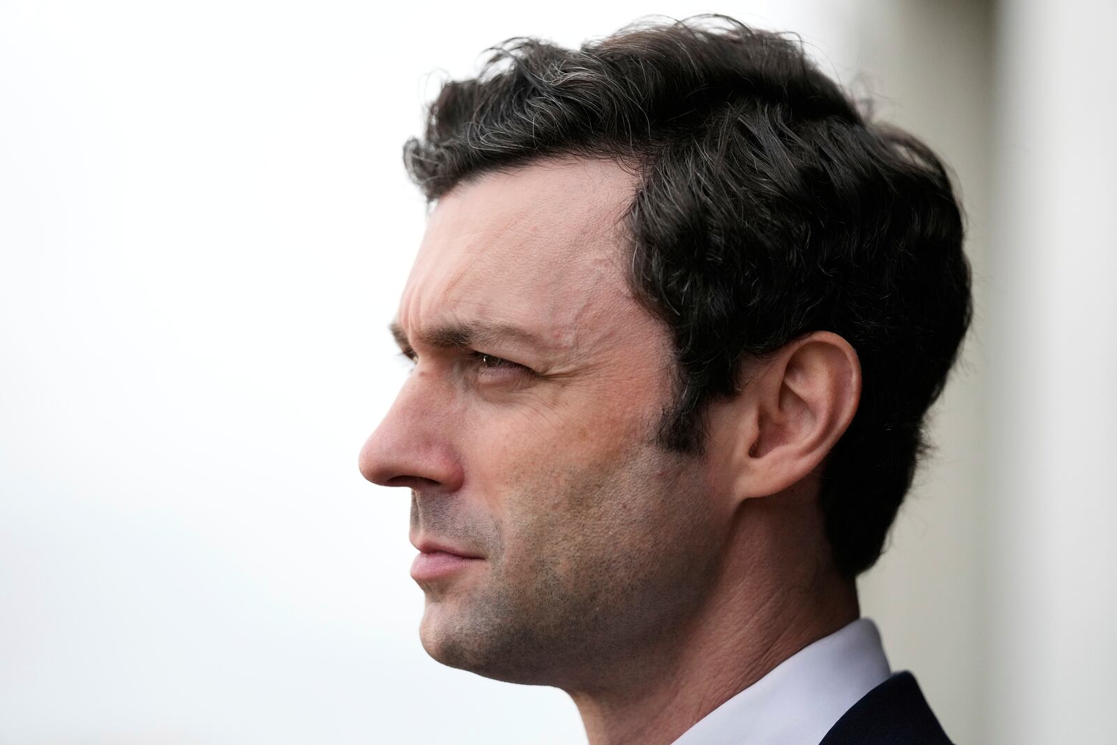 Sen. Jon Ossoff, D-Ga., speaks during an interview at Dobbins Air Reserve Base, Saturday, April 26, 2025, in Marietta, Ga. (AP Photo/Brynn Anderson)