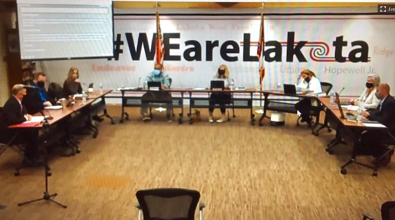 During a work session meeting of the Lakota Board of Education Thursday evening, district leaders presented an assessment of how the coronvavirus has impacted the 16,800-student district. The report also included plans for how the district will proceed with summer school and into the next school year. (Photo by Michael D. Clark\Journal-News)