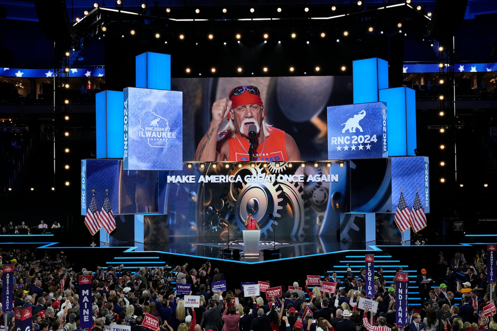 FILE - Hulk Hogan speaks on the final night of the Republican National Convention, July 18, 2024, in Milwaukee. (AP Photo/J. Scott Applewhite, File)