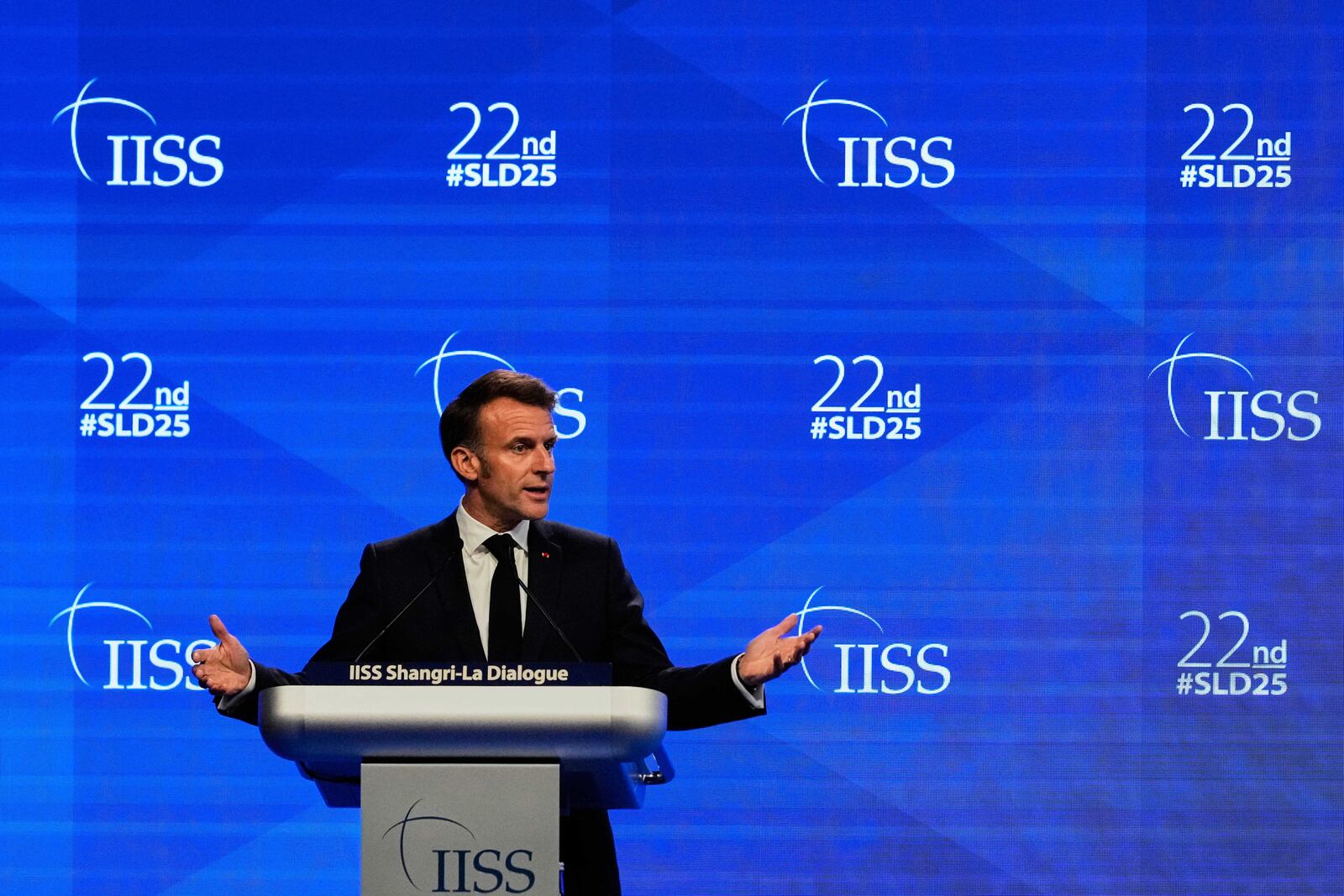 French President Emmanuel Macron delivers his speech during the 22nd Shangri-La Dialogue summit in Singapore, Friday, May 30, 2025. (AP Photo/Anupam Nath)