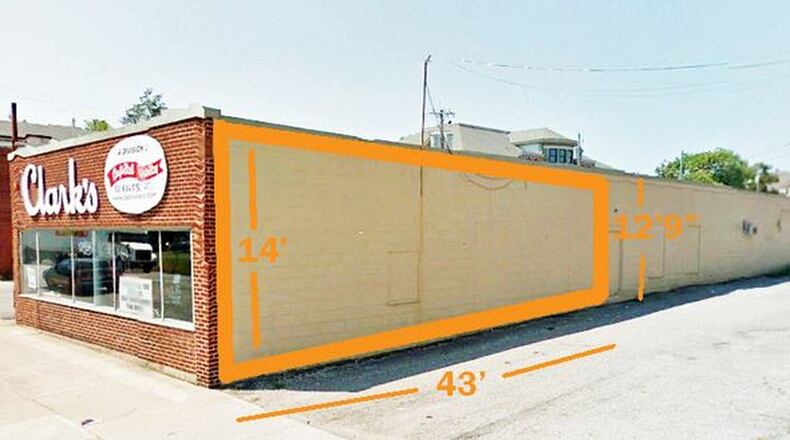The Clark’s Sporting Goods Store at 15 South B St., will be one of three sites for murals in the 2017 Street Spark program in Hamilton. PROVIDED.