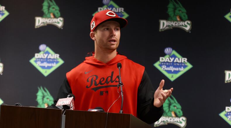Matt McLain, of the Reds, speaks at a press conference on Tuesday, March 25, 2025, at Day Air Ballpark in Cincinnati. David Jablonski/Staff