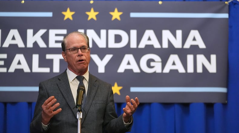 FILE - Indiana Gov. Mike Braun speaks during a Make Indiana Healthy Again initiative event in Indianapolis, April 15, 2025. (AP Photo/Michael Conroy, file)