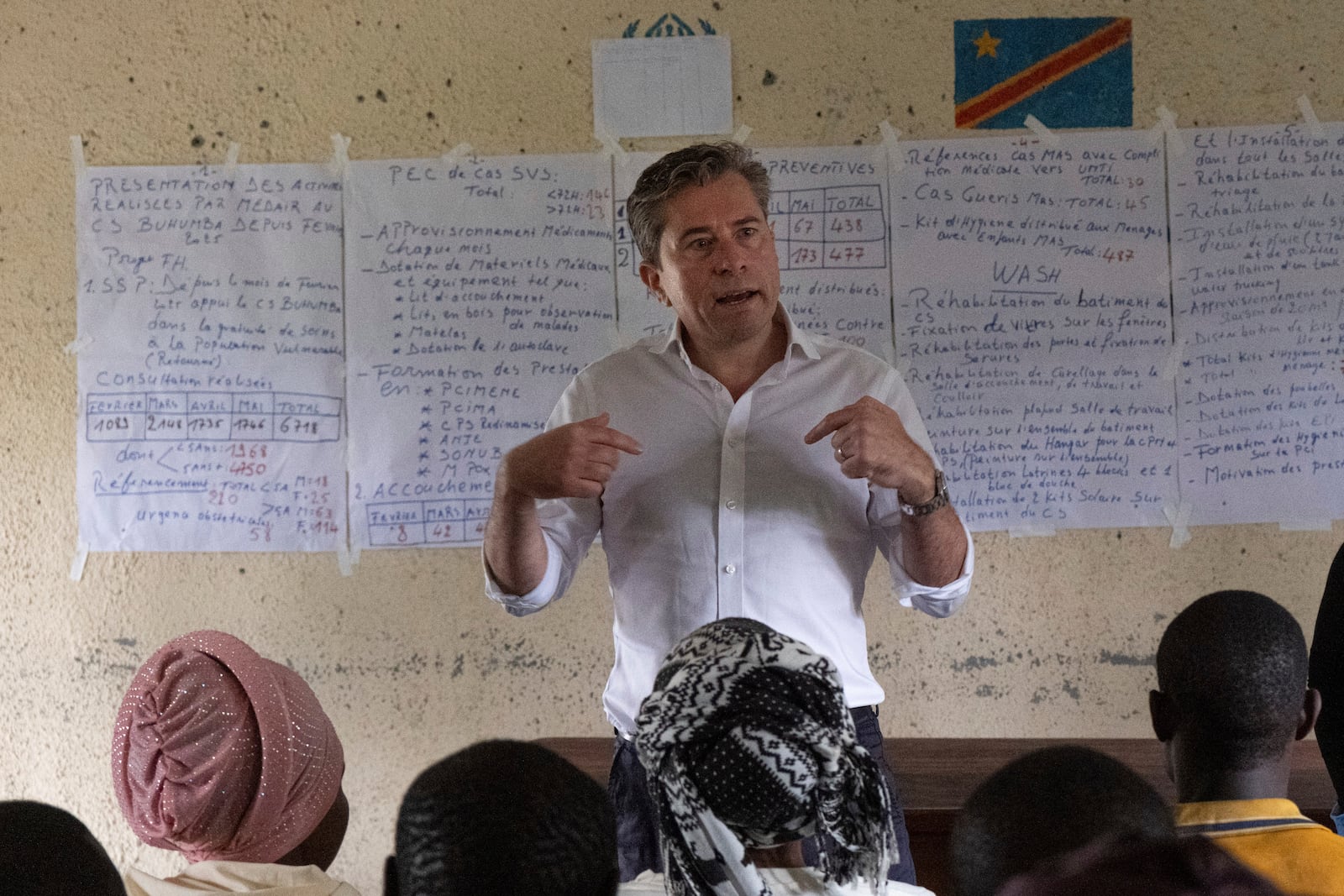 Tom Fletcher, Under-Secretary-General for Humanitarian Affairs and Emergency Relief Coordinator at the Office for the Coordination of Humanitarian Affairs (OCHA), visits North Kivu's town of Buhumba, Democratic republic of the Congo, Thursday, June 26, 2025. (AP Photo/Moses Sawasawa)