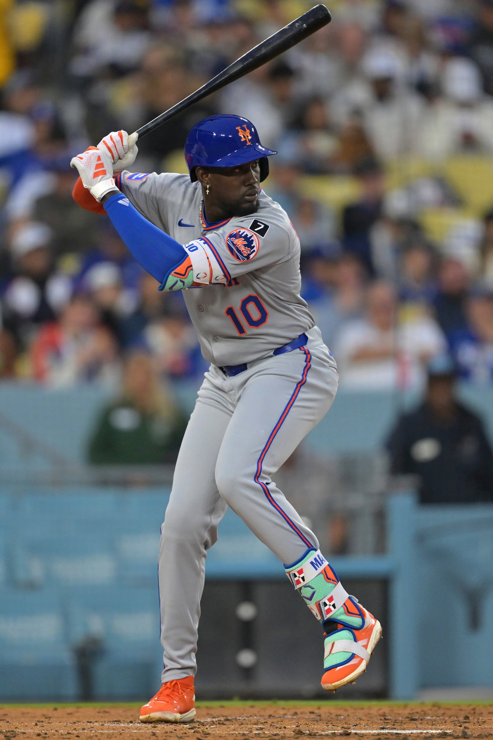New York Mets' Ronny Mauricio at bat during the second inning of a baseball game against the Los Angeles Dodgers, Tuesday, June 3, 2025, in Los Angeles. (AP Photo/Jayne Kamin-Oncea)