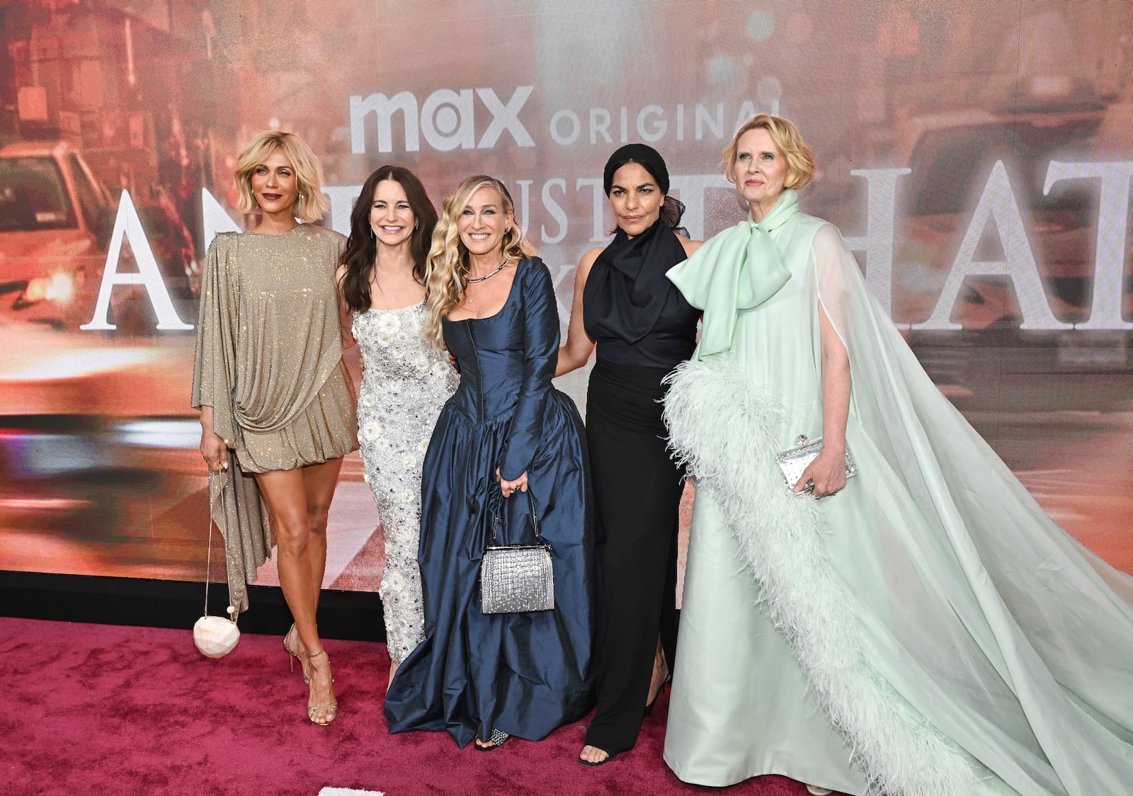Nicole Ari Parker, from left, Kristin Davis, Sarah Jessica Parker, Sarita Choudhury and Cynthia Nixon pose together at the premiere of "And Just Like That..." Season 3 at the Crane Club on Wednesday, May 21, 2025, in New York. (Photo by Evan Agostini/Invision/AP)