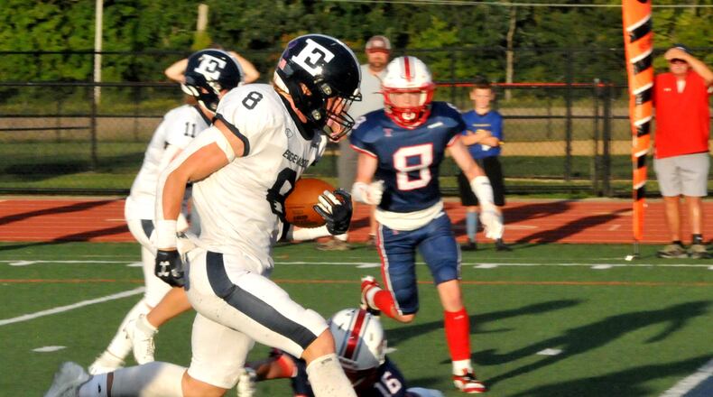 Edgewood's Kyle Franke, 8, coasts into the end zone during the first quarter of a non-conference game at Talawanda on Friday, Sept. 8. DAVID A. MOODIE/CONTRIBUTING PHOTOGRAPHER