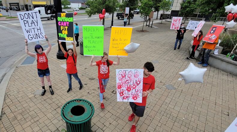 Family and friends of J.R. Boggs, who was shot and killed by Aeriel Brazzell, rally outside Butler County Common Pleas Court Thursday, June 10, 2021 in Hamilton. Brazzell pleaded guilty to reckless homicide. NICK GRAHAM / STAFF