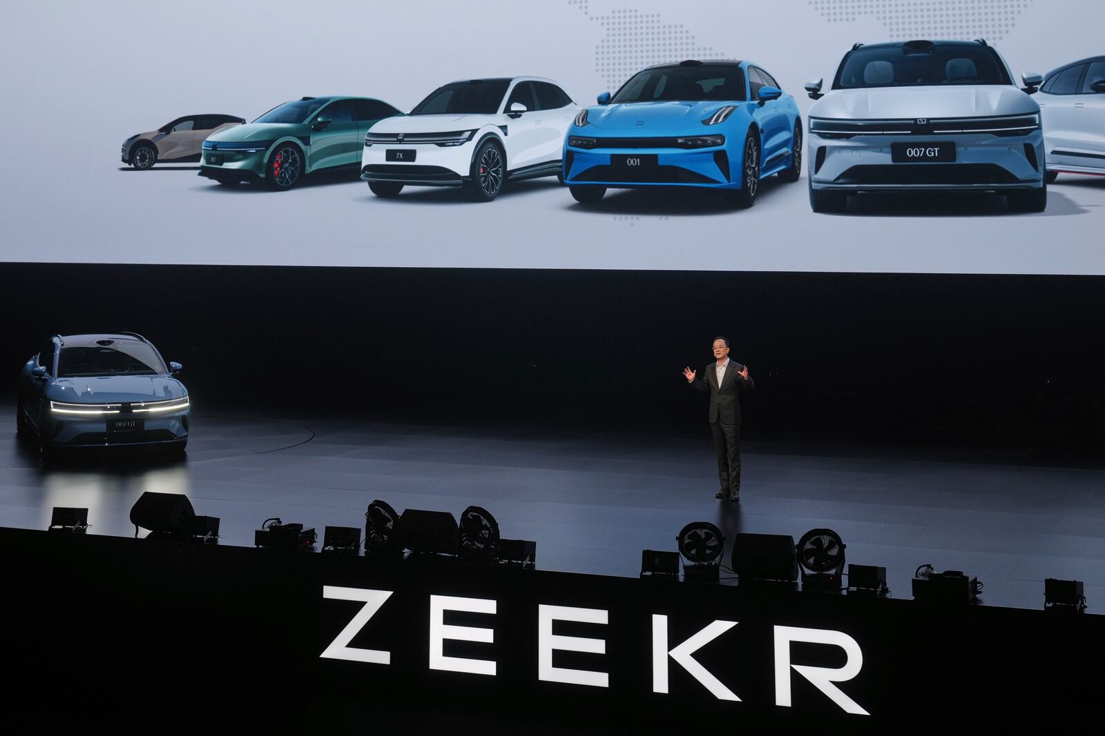 An Conghui, CEO of Zeekr speaks on stage after he unveiled the Zeekr new 007 GT car model, in Hangzhou in eastern China's Zhejiang province on April 15, 2025. (AP Photo/Andy Wong)