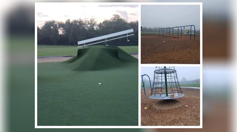 Police are looking for one or more suspects who vandalized part of Heroes Park in Fairfield Twp. Police say the suspect or suspects, who investigators believe is/are juveniles, vandalized the park on multiple occasions, including spreading food outside the public restroom, a bench relocated on top of a playground tunnel, food wrappers disposed throughout the playground and feces spread around. PROVIDED/FAIRFIELD TWP.
