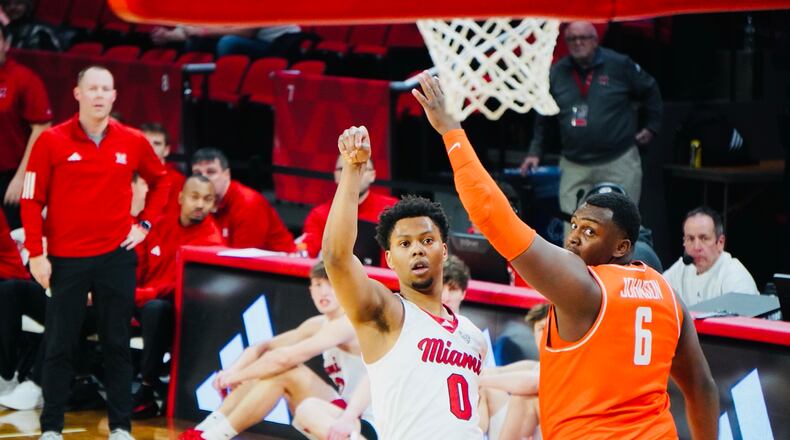Miami’s Eian Elmer (0) puts up a shot against Bowling Green on Tuesday night at Millett Hall. Chris Vogt/CONTRIBUTED