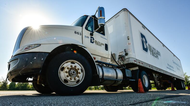 Students practice backing a trailer during Butler Tech’s Commercial Driver Training class Thursday, May 10 at the Butler Tech campus. The nation is seeing a shortage of truckers with many companies in need of drivers. NICK GRAHAM/STAFF