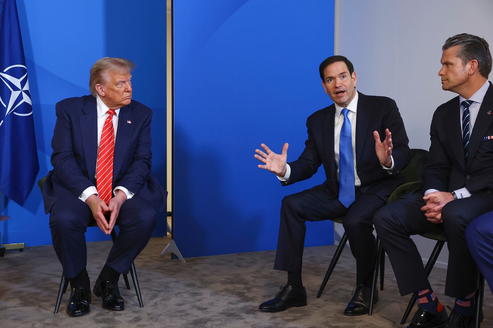 From right, Defense Secretary Pete Hegseth, Secretary of State Marco Rubio and President Donald Trump during a meeting with NATO Secretary General Mark Rutte at the NATO summit in The Hague, Netherlands, Wednesday, June 25, 2025. (Piroschka Van De Wouw, Pool Photo via AP)