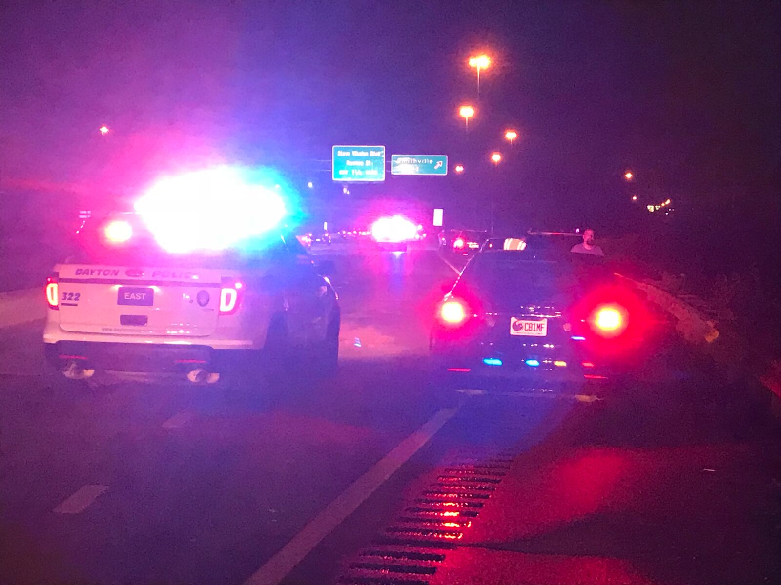 Motorists line up along westbound U.S. 35 May 26, 2018, just before the South Smithville Road exit after their vehicles were struck by rocks.