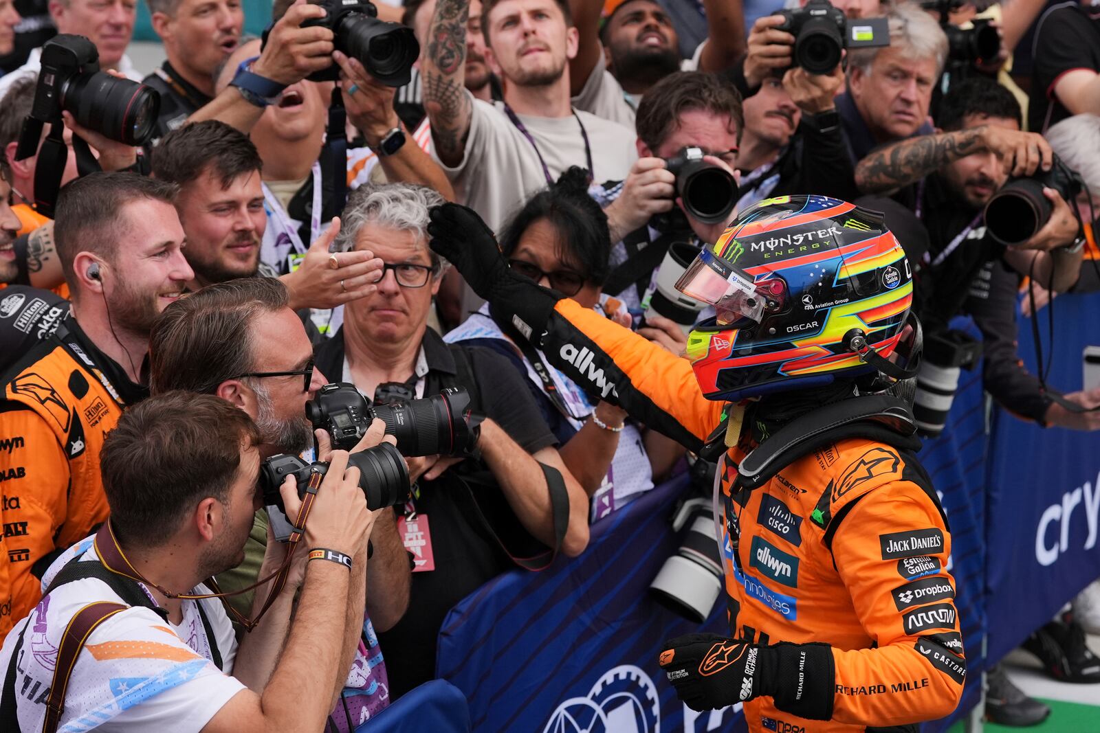 McLaren driver Oscar Piastri of Australia celebrates after winning the Formula One Miami Grand Prix auto race Sunday, May 4, 2025, in Miami Gardens. Fla. (AP Photo/Rebecca Blackwell)