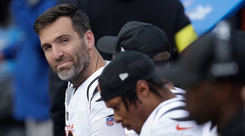 Cincinnati Bengals' Joe Flacco sits on the bench before an NFL football game between the Green Bay Packers and the Cincinnati Bengals, Sunday, Oct. 12, 2025, in Green Bay, Wis. (AP Photo/Matt Ludtke)
