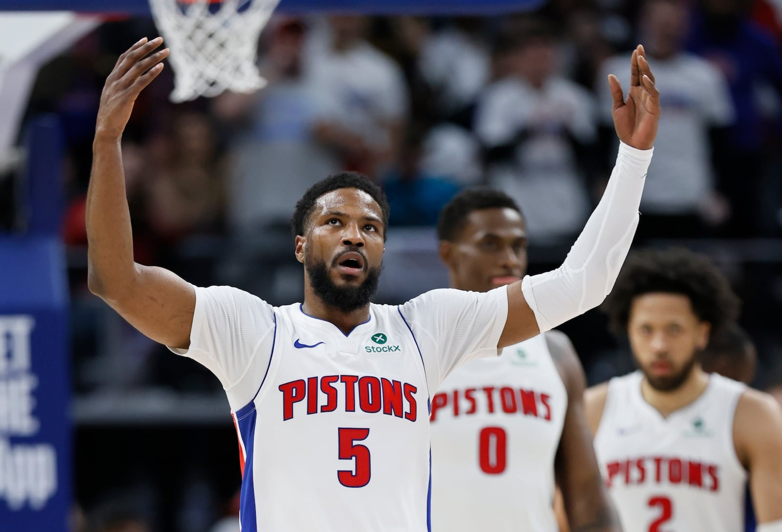 Detroit Pistons guard Malik Beasley (5) celebrates after scoring against the New York Knicks during the first half of Game 6 of an NBA basketball first-round playoff series Thursday, May 1, 2025, in Detroit. (AP Photo/Duane Burleson)
