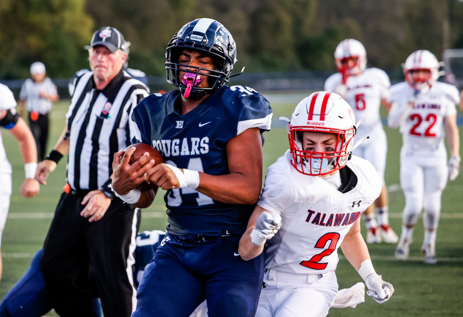 Edgewood's Tavionne Crosby carries the ball in for a touchdown during their football game against Talawanda Friday, Oct. 8, 2021 at Edgewood's Kumler Field. The Cougars won 49-14. NICK GRAHAM / STAFF