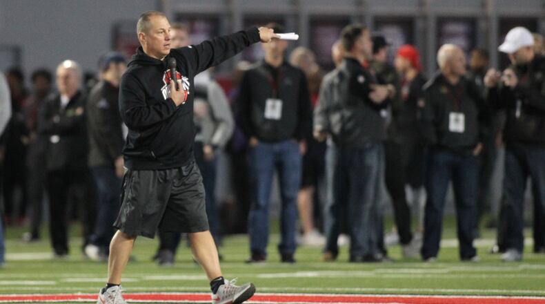 Mickey Marotti runs drills at Ohio State’s Pro Day on Thursday, March 23, 2017, at the Woody Hayes Athletic Center in Columbus. David Jablonski/Staff