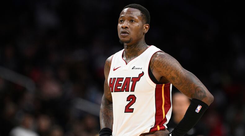 FILE - Miami Heat guard Terry Rozier (2) looks on during the second half of an NBA basketball game against the Washington Wizards, March 31, 2024, in Washington. (AP Photo/Nick Wass, File)