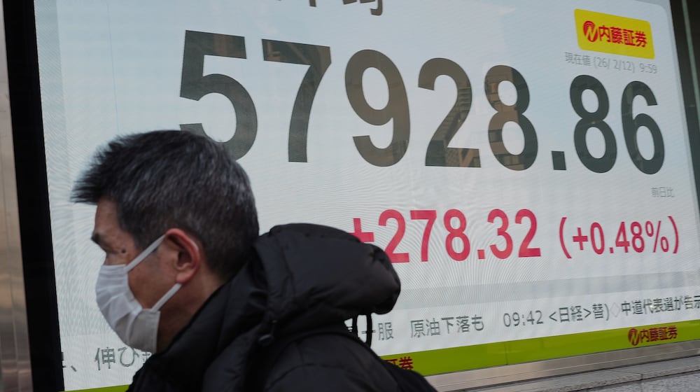 A person walks in front of an electronic stock board showing Japan's Nikkei index at a securities firm Thursday, Feb. 12, 2026, in Tokyo. (AP Photo/Eugene Hoshiko)