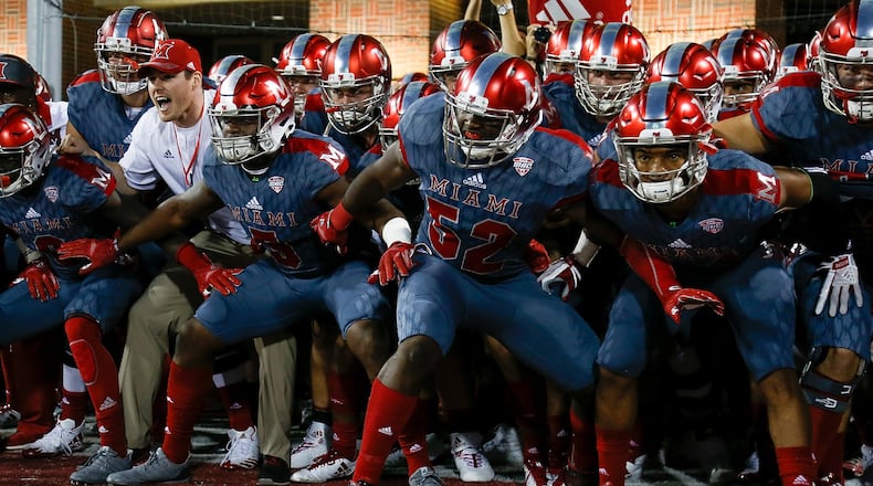 OXFORD, OH - SEPTEMBER 16: The Miami Ohio Redhawks prepare to take the field prior to the game against the Cincinnati Bearcats at Yager Stadium on September 16, 2017 in Oxford, Ohio. (Photo by Michael Reaves/Getty Images)