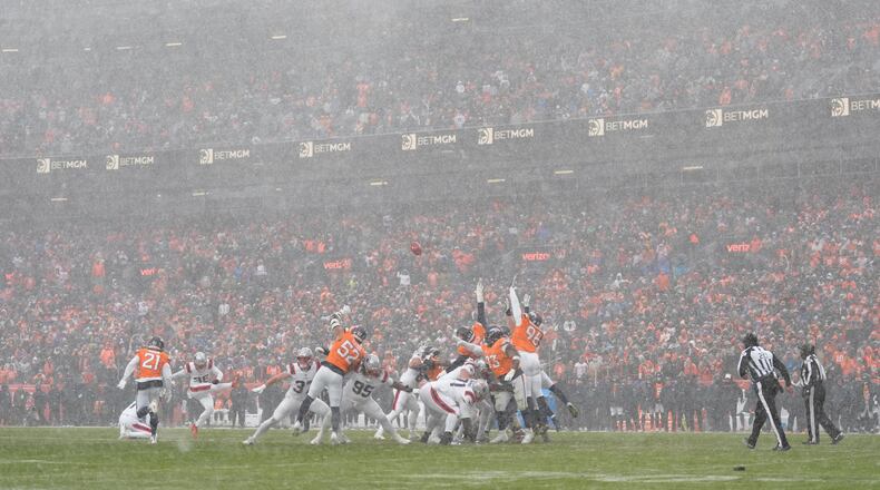New England Patriots kicker Andy Borregales (36) misses a field goal against the Denver Broncos during the second half of the AFC Championship NFL football game, Sunday, Jan. 25, 2026, in Denver. (AP Photo/Ashley Landis)
