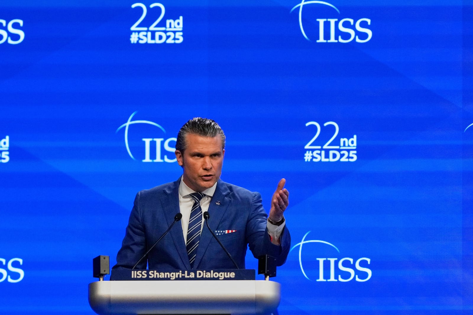 U.S. Defense Secretary Pete Hegseth delivers his speech during 22nd Shangri-La Dialogue summit in Singapore, Saturday, May 31, 2025. (AP Photo/Anupam Nath)