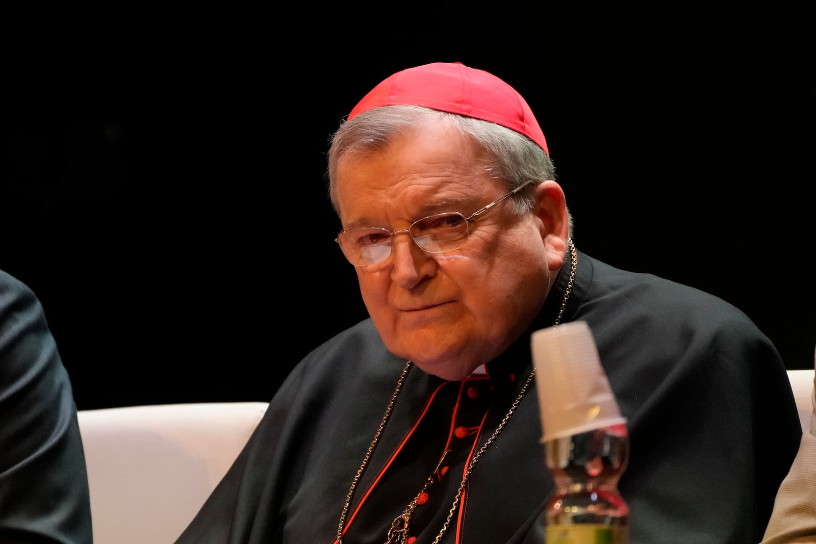 FILE - Cardinal Raymond Burke attends the conference "The synodal Babel" in a theater near the Vatican, Oct. 3, 2023, after a letter he signed with others and containing questions to Pope Francis about the upcoming synod of bishops was made public. (AP Photo/Gregorio Borgia, File)