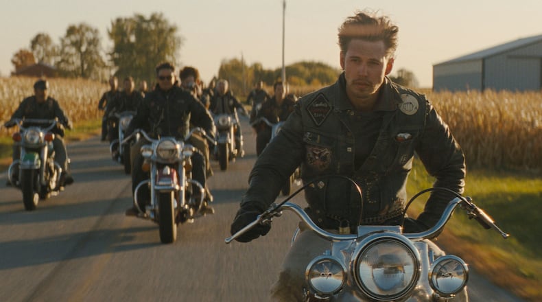 This image released by Focus Features shows Austin Butler in a scene from "The Bikeriders." (Focus Features via AP)