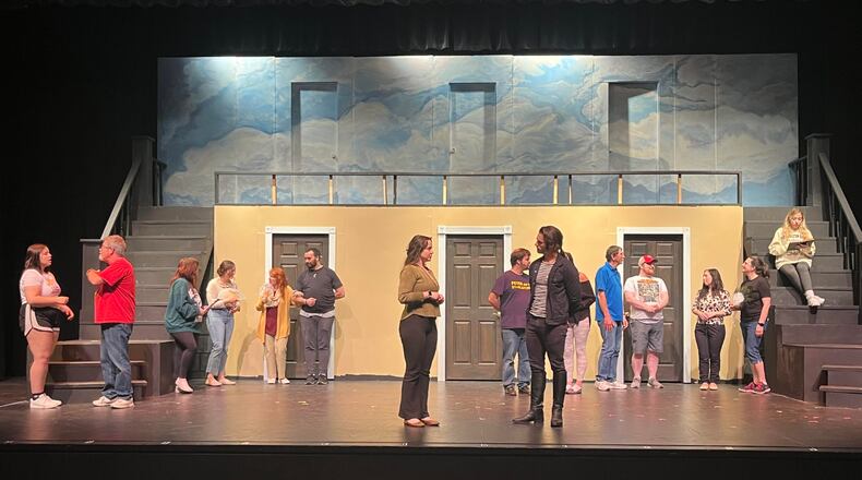 The cast of Greater Hamilton Civic Theatre's "Pride and Prejudice" rehearses at Miami Hamilton's Parrish Auditorium. The show is on stage this weekend, through April 30. CONTRIBUTED