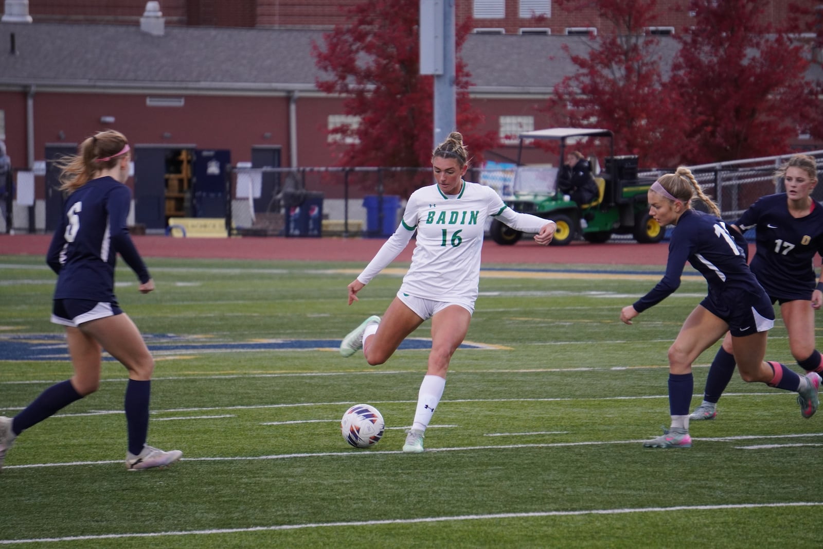 Badin’s Braelyn Even sends the ball upfield against Oakwood during a Division III regional final on Saturday at Monroe. CHRIS VOGT / CONTRIBUTED