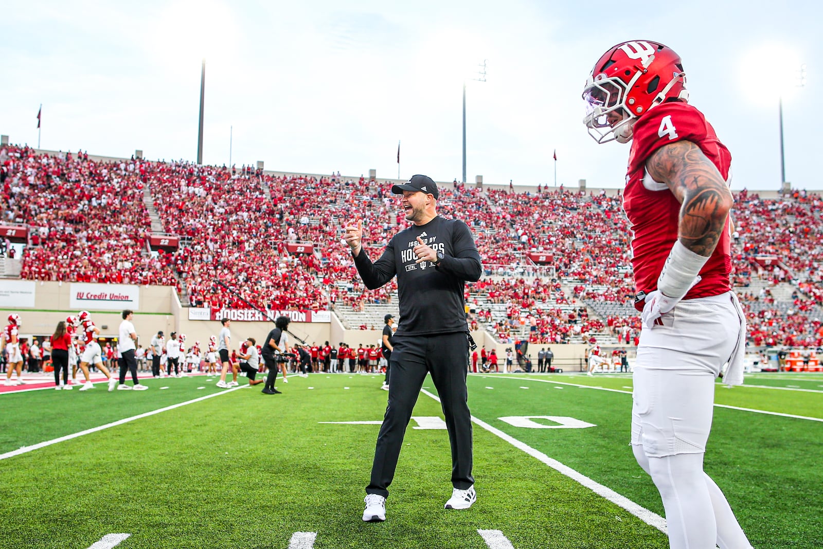 Indiana defensive coordinator and linebackers coach Bryant Haines, a Piqua High School graduate, is pictured before a game against Illinois on Sept. 20, 2025, at Merchants Bank Field at Memorial Stadium in Bloomington, Ind. Photo By Cooper Shannon/Indiana Athletics