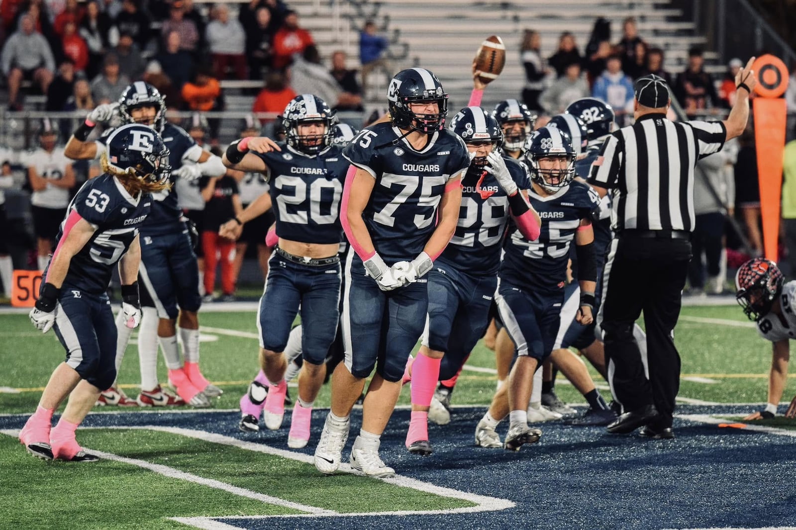 The Edgewood High School football team celebrates during their game against Franklin last season. JORDAN PHILLIPS / CONTRIBUTED