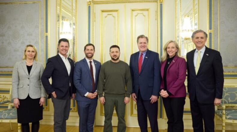 U.S. Rep. Mike Turner, R-Dayton, and a delegation from the U.S. House of Representatives visited Ukraine the week of Feb. 4, 2024 and met with Ukrainian President Volodymyr Zelenskyy. (From left) U.S. Ambassador Bridget Brink, U.S. Rep. Zach Nunn (R-Iowa), U.S. Rep. Jason Crow (D-Colorado), Ukrainian President Volodymyr Zelenskyy, House Permanent Select Committee on Intelligence Chairman Mike Turner (R-Dayton), U.S. Rep. Abigail Spanberger (D-Virginia), and U.S. Rep. French Hill (R-Arkansas).