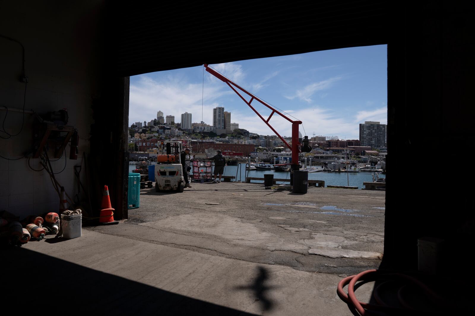 A bird's shadow is cast on the ground of a storage area as Brand Little, background, loads crab traps onto his boat Pale Horse at Pier 45 in San Francisco, Thursday, April 10, 2025. Little is part of a pilot program trying out pop-up gear that prevents whale entanglements. (AP Photo/Emily Steinberger)