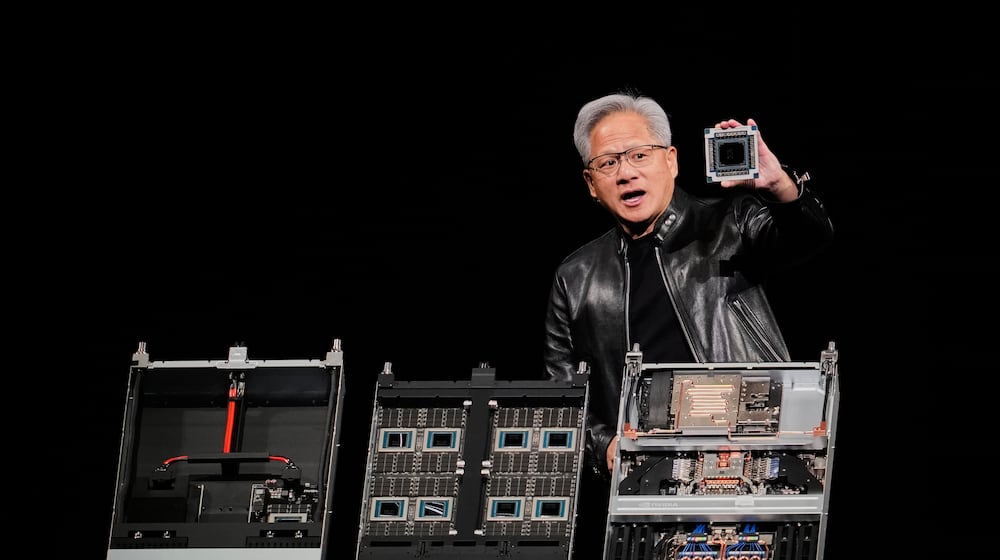 Nvidia CEO Jensen Huang speaks during an Nvidia conference focusing on artificial intelligence in San Jose, Calif., Monday, March 16, 2026. (AP Photo/Godofredo A. Vásquez)