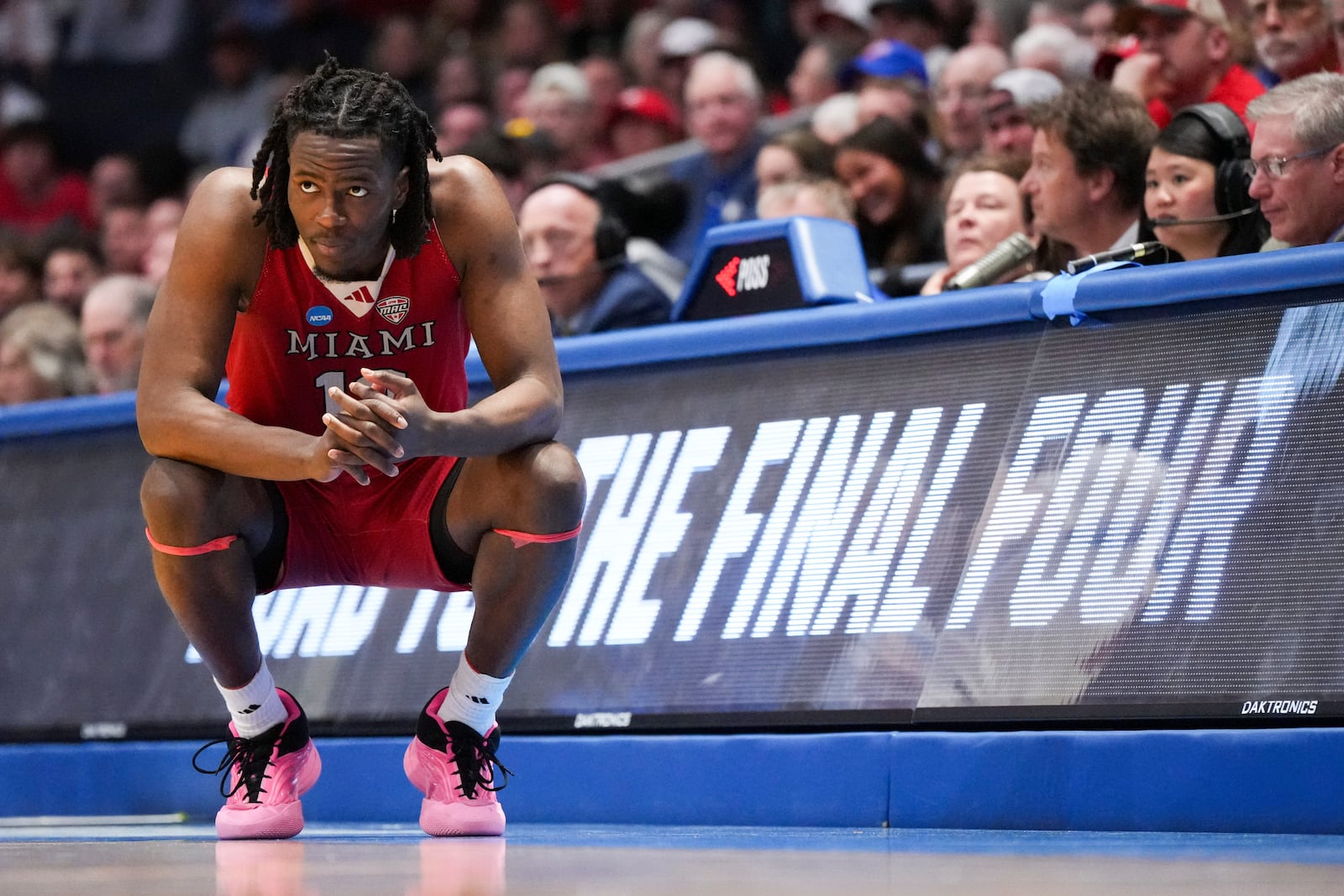 Miami (Ohio) forward Antwone Woolfolk looks on during the second half of a First Four college basketball game against SMU in the NCAA Tournament in Dayton, Ohio, Wednesday, March 18, 2026. (AP Photo/Jeff Dean)