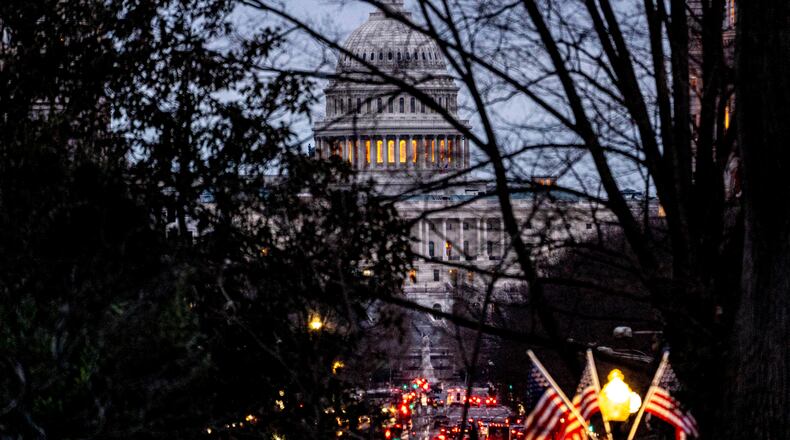The Dome of the U.S. Capitol Building is visible from the South Lawn of the White House in Washington, Friday, March 1, 2024. (AP Photo/Andrew Harnik)