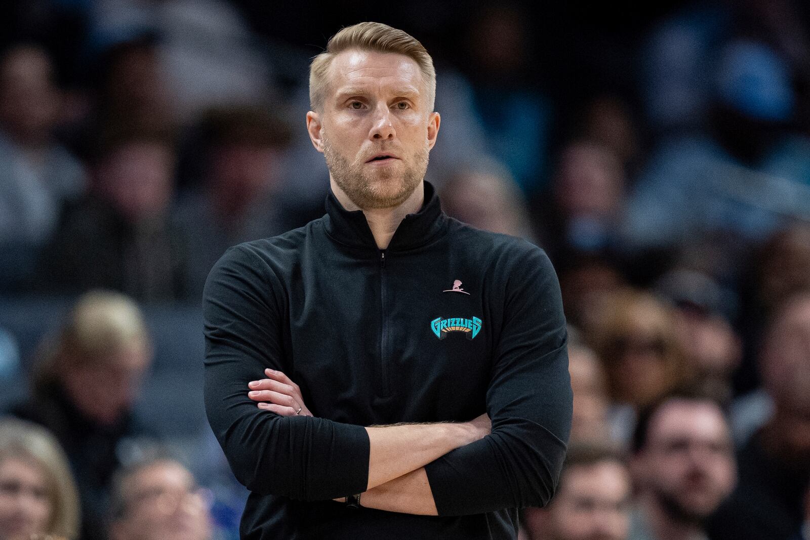 Memphis Grizzlies interim head coach Tuomas Iisalo looks on during the first half of an NBA basketball game against the Charlotte Hornets, Tuesday, April 8, 2025, in Charlotte, N.C. (AP Photo/Jacob Kupferman)