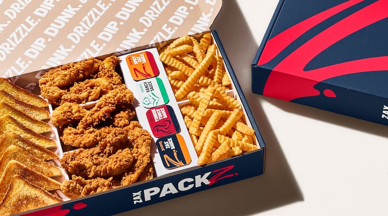 Chicken chain Zaxbys has Family Packs group meals including 20 hand-breaded Chicken Fingerz, sauced or regular and served with Crinkle Fries, Texas Toast and dipping sauces. ZAXBYS/CONTRIBUTED